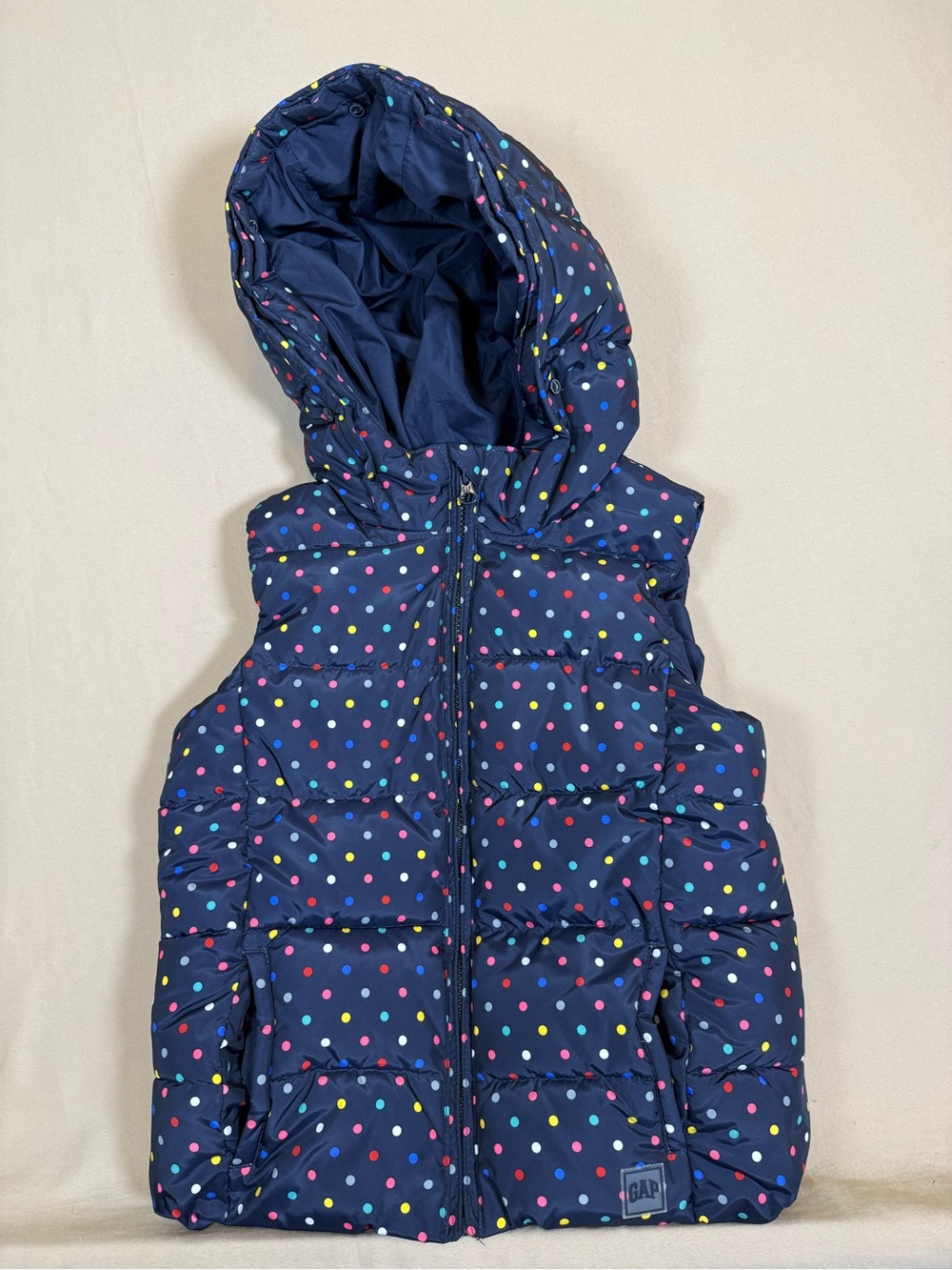 GAP Kids Girls Navy Hooded Puffer Vest, Polka Dots, Primaloft Size Large
